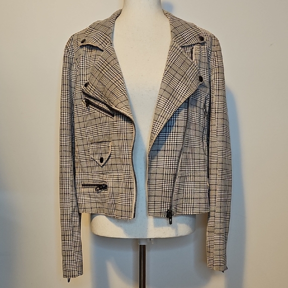 Blank NYC Glen Neutral Plaid Moto Jacket Size Large - Picture 2 of 10